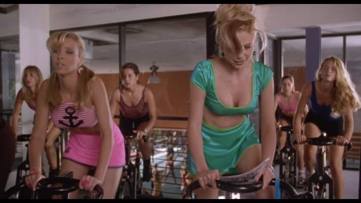 Two blonde women (Romy, right, and Michele, left) in outlandish workout clothes