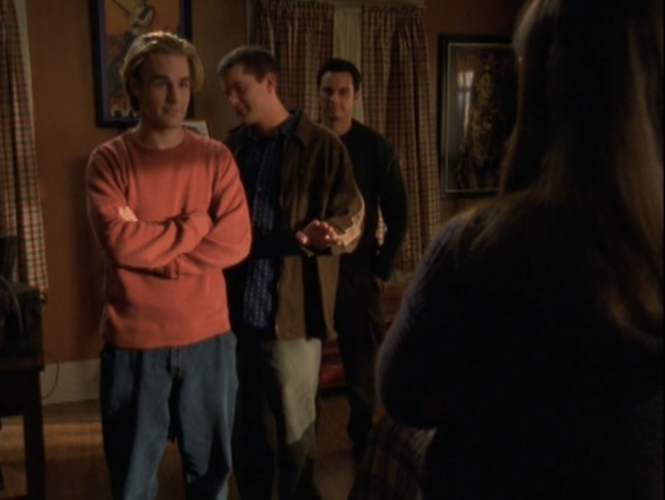 Full-length shot of Dawson (front), Pacey (middle, doing a weird gesture) and Jack (back) in Dawson's room. Joey seen from back with arms crossed, foreground.